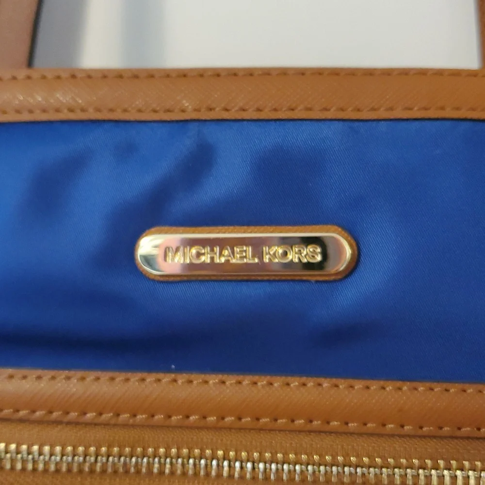 Michael Kors Jet Set Nylon Tote Royal Blue Tan Leather EUC